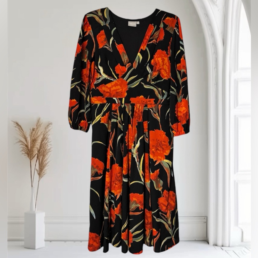 Vibrant Floral Dress Colorful Multicolor Black Red Orange Flowers Size Large